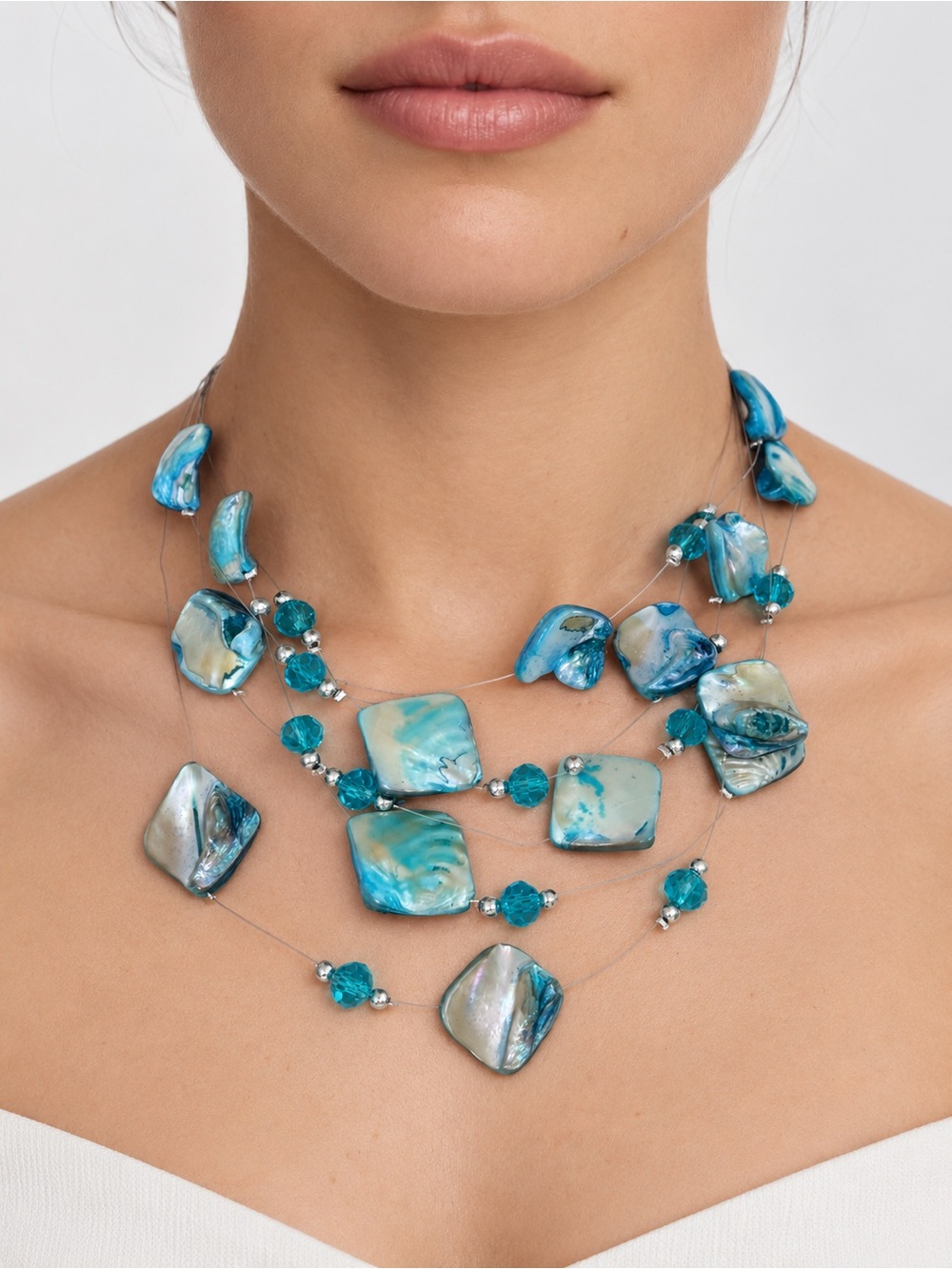Blue Multi-Strand Shell Statement Necklace - Unbranded